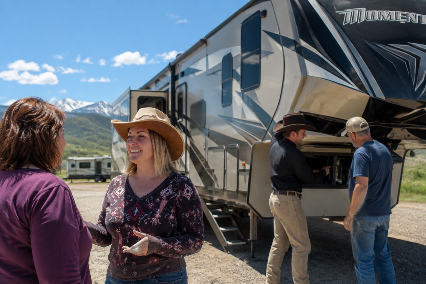 An RV owner talking with technicians beside a fifth-wheel toy hauler