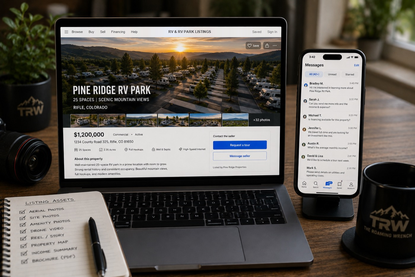 A laptop and phone showing an RV park sales listing and incoming buyer messages