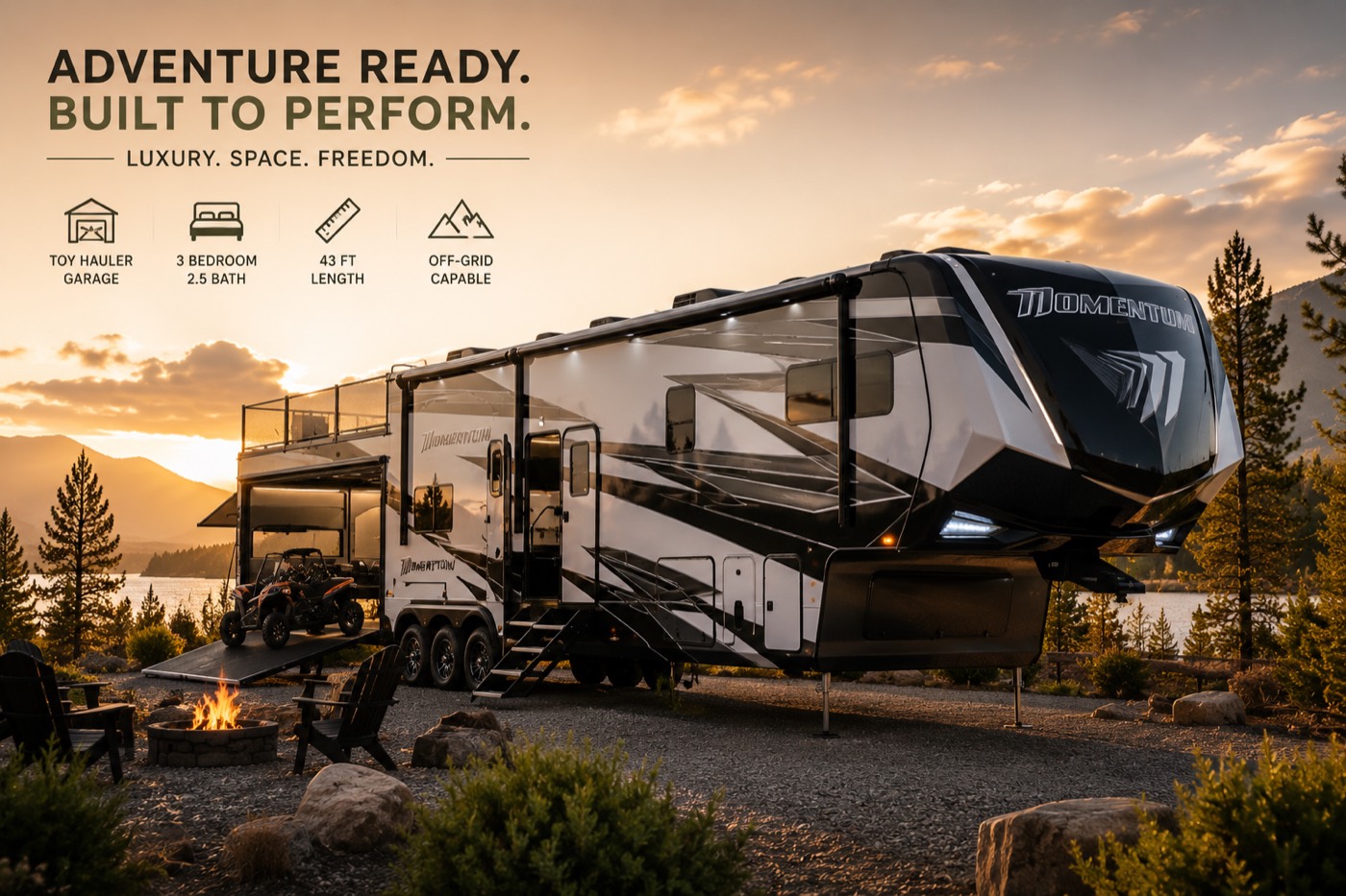 A finished promotional graphic for a fifth-wheel toy hauler with feature callouts