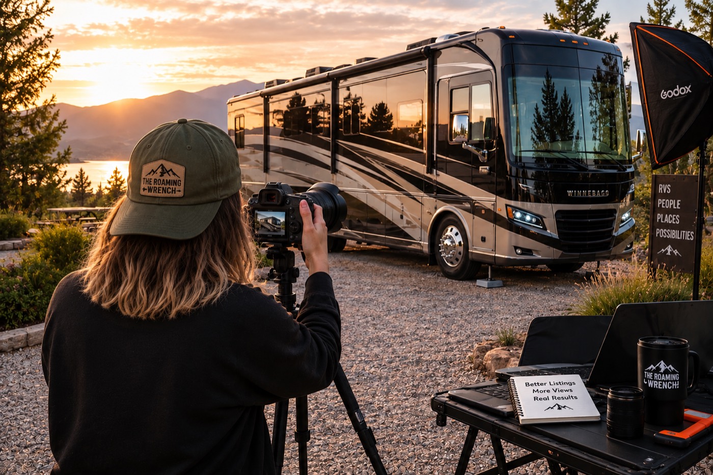 A photographer shooting a motorhome at sunset during an on-site production day
