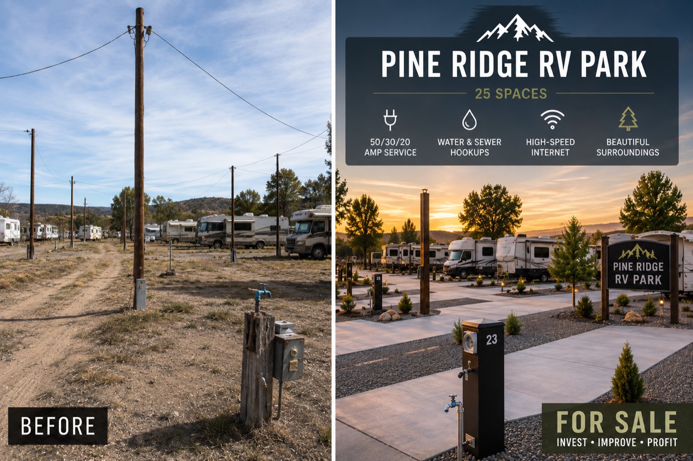 Side-by-side comparison of a worn RV park site and the same site improved with new pedestals, landscaping, and signage