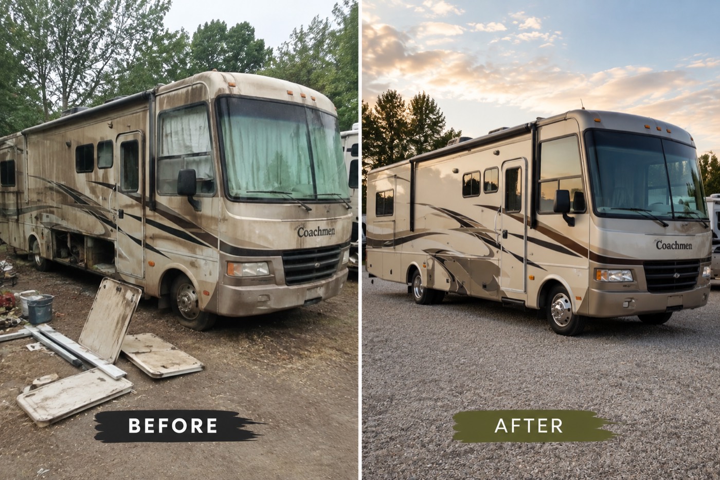 Side-by-side comparison of a weathered motorhome and the same motorhome cleaned and repaired